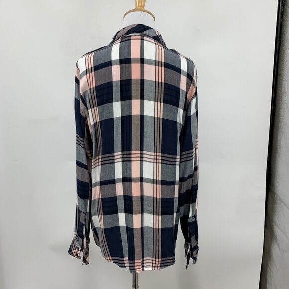 Sanctuary Shirt Womens S Small Navy Pink Chevron Plaid Snap Button Boyfriend - Picture 5 of 12
